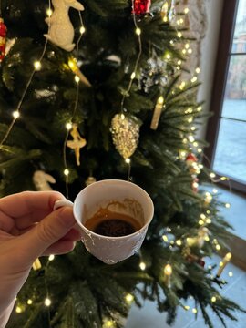cup of coffee and christmas tree