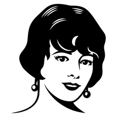 Icon of woman face with short hairstyle for avatars, user profiles. Black and white vector clipart. Designed to good fit in square and circle.