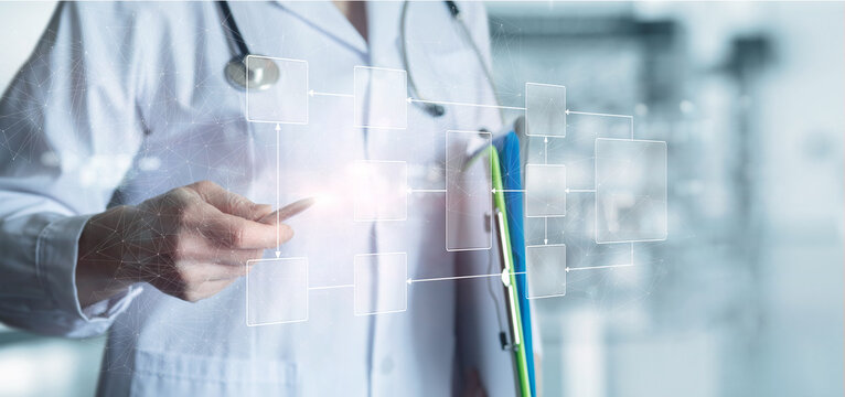 Doctor displays flow chart on virtual computer screen.