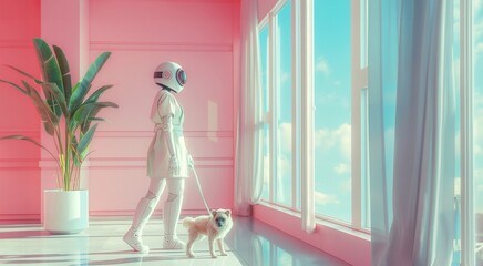 a humanoid robot wearing an apron walking with a dog.generative ai art