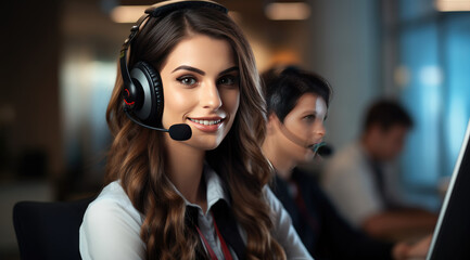 woman working in a call center talking to clients happy Female employee, call center in the office.