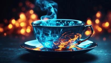 Fotobehang cup of hot tea on fire © Maroo