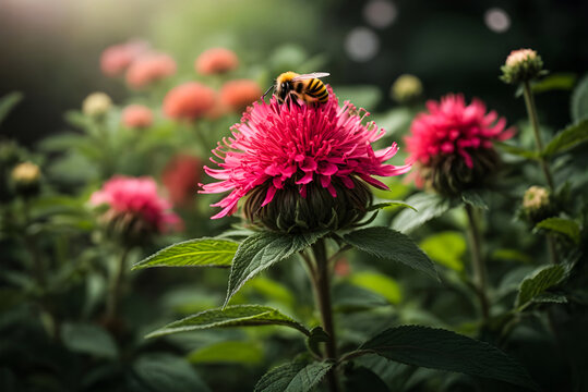 Beautiful Pink bee balm flowers in a garden generative AI image.
