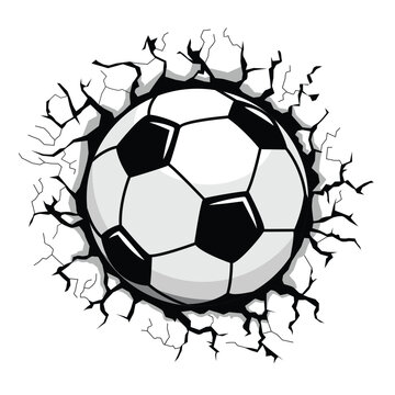 Football soccer ball breaking the wall. Vector sporting template on transparent background