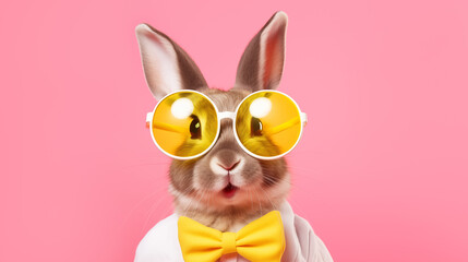 Fashionable Easter bunny with yellow Sunglasses on pink background
