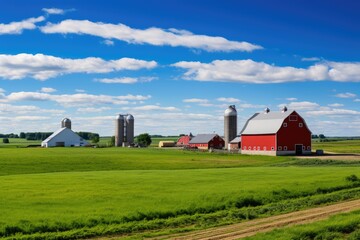 Bright red barns and silos stand out in a lush green landscape under a blue sky dotted with fluffy clouds - obrazy, fototapety, plakaty