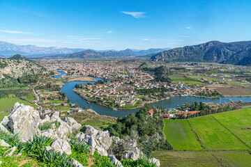 Scenic views from Kaunos and Dalyan, a city of ancient Caria, west of the modern town of Dalyan and...