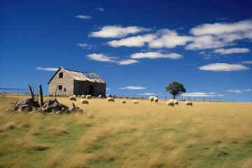 Fototapeta premium Sheep calmly graze on a golden pasture with a stone granary in the background, under a sky dotted with fluffy clouds