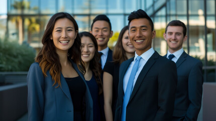 Obraz premium group of professional individuals, likely a business team, standing together and smiling at the camera.