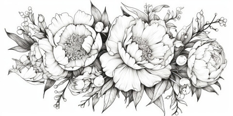 Black and White Drawing of Flowers on White Background