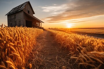 The first rays of the sun illuminate a weathered granary and a path through the wheat field, creating a picturesque rural scene - obrazy, fototapety, plakaty
