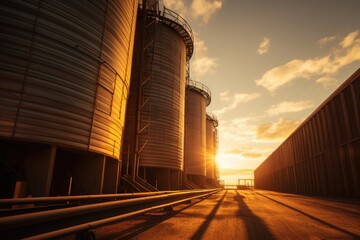 The setting sun casts a golden glow on the metal grain silos, highlighting the industrial beauty of agricultural storage - obrazy, fototapety, plakaty