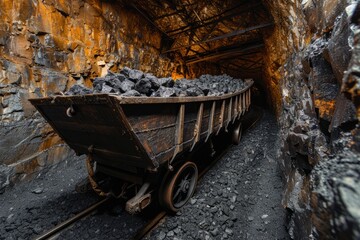 Fototapeta na wymiar Coal carriage on rails entering the mine