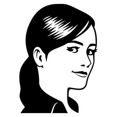 Icon of pretty girl with ponytail for avatars, user profiles. Black and white vector clipart. Designed to good fit in square and circle.