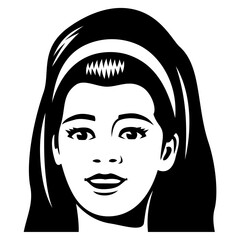 Woman face with hairstyle 60s. Icon for avatars, user profiles. Black and white vector clipart. Designed to good fit in square and circle.