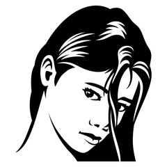 Passion girl face icon for avatars, user profiles. Black and white vector clipart. Designed to good fit in square and circle.