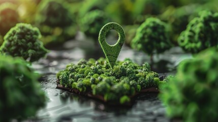 a green location pin symbol with a forest silhouette, representing the concept of eco-friendly places