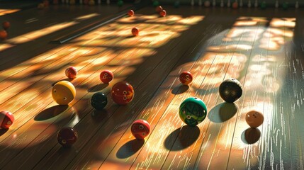 a bowling ball and scattered skittles on a polished wooden floor - obrazy, fototapety, plakaty