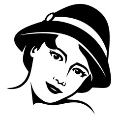 Face of woman in hat. Icon for avatars, user profiles. Black and white vector clipart. Designed to good fit in square and circle.