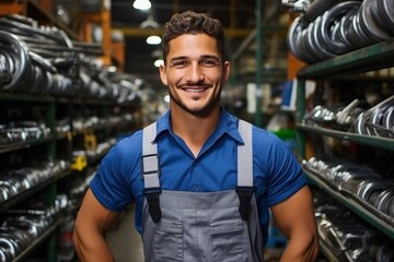Portrait of a Latin American man with a mustache in overalls working in the car parts department