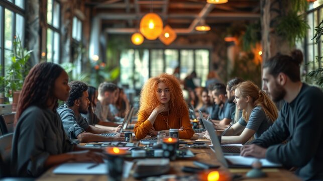 A Group Of People Sitting Around A Table Having A Meeting