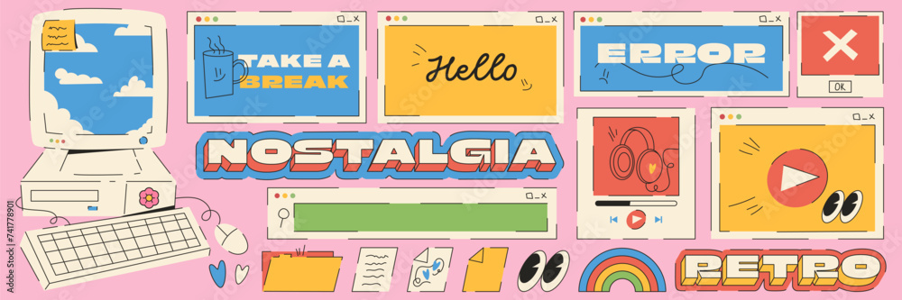 Poster set with retro user interface elements. error window, video and aulio player applications. vintage d