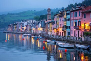 A beautiful townscape of a canal with colorful houses and boats