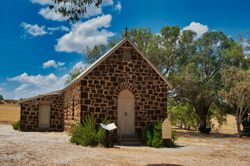 Fototapeta na wymiar The simple, but beautiful St James Chapel in Kojarena, Greater Geraldton, Wheatbelt of Western Australia, by architect John C. Hawes. 