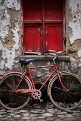 Fototapeta na wymiar weathered red bicycle propped against a weathered red door
