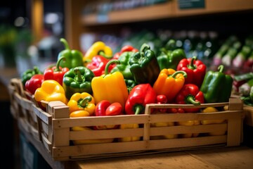 An abundance of bell peppers in a wooden crate - obrazy, fototapety, plakaty