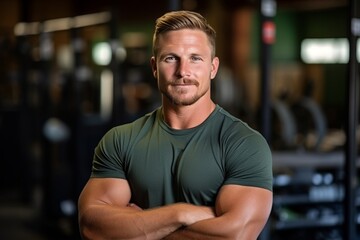A beefy blond man with a mustache and beard in the gym looks at the camera and smiles
