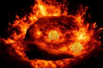 Bitcoin coin on fire background. Cryptocurrency concept. 3D Rendering