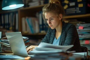 Young caucasian woman working late at night on laptop in office