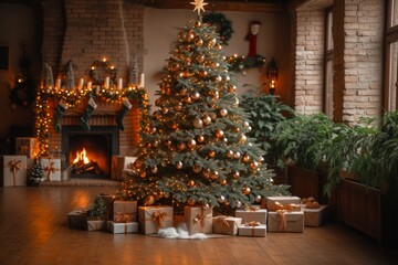 Fototapeta na wymiar Ornate Christmas tree in a cozy living room