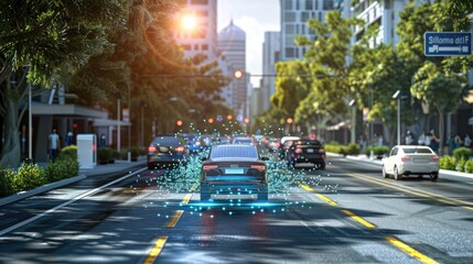 Futuristic Autonomous Car with Smart Technology on Urban Road - obrazy, fototapety, plakaty