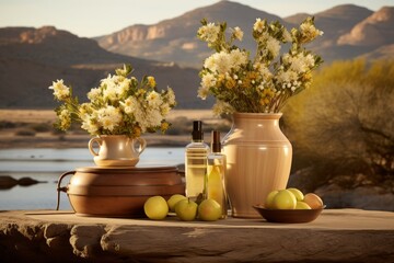 Rustic wellness arrangement with natural spa products, fresh flowers, and fruits in an outdoor setting