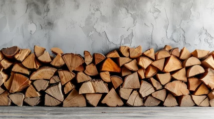 Foto op Plexiglas A Stack of Firewood Against a Grey Stone Wall © Molostock