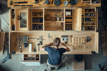 A carpenter is assembling a wooden kitchen. and decorating kitchen sets, kitchen technicians, interior technicians.