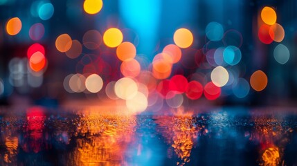 Colorful bokeh lights of a city at night reflecting off a wet street