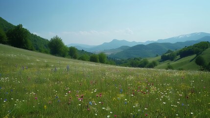 Obraz premium Picturesque mountain landscape with blooming meadow in summer