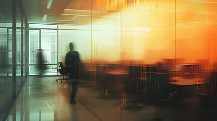 Blurred office with people working behind glass wall