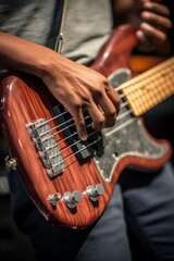 Fototapeta premium Close up of a musician playing an electric bass guitar