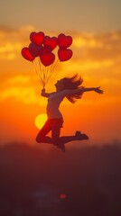 carefree woman jumping with heart-shaped balloons at sunset