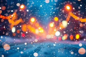 Blurred view of snowy road at night with bokeh lights in the background