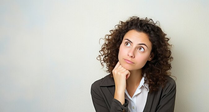 Mujer pensativa reflexionando con la cabeza un poco inclinada