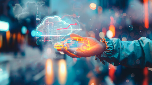 
Traffic and Technology: A futuristic woman proudly holds icons of cars, clouds, and arrows indicating progress, symbolizing the concept of innovation in transportation technology and advancements in 