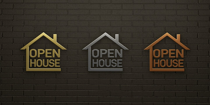 Triad of Metallic Open House Signs Against Brick Wall Background