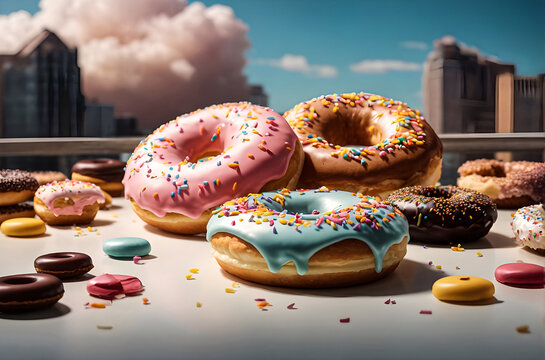 Flying doughnuts scene - a mix of multicolored sweet donuts sprinkled on a blue background Generative AI image. 
