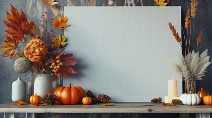 A blank canvas with autumn and thanksgiving day decorations around it