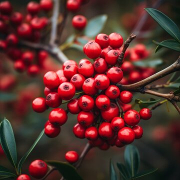 A close-up image of a cluster of bright red berries on a branch with green leaves.